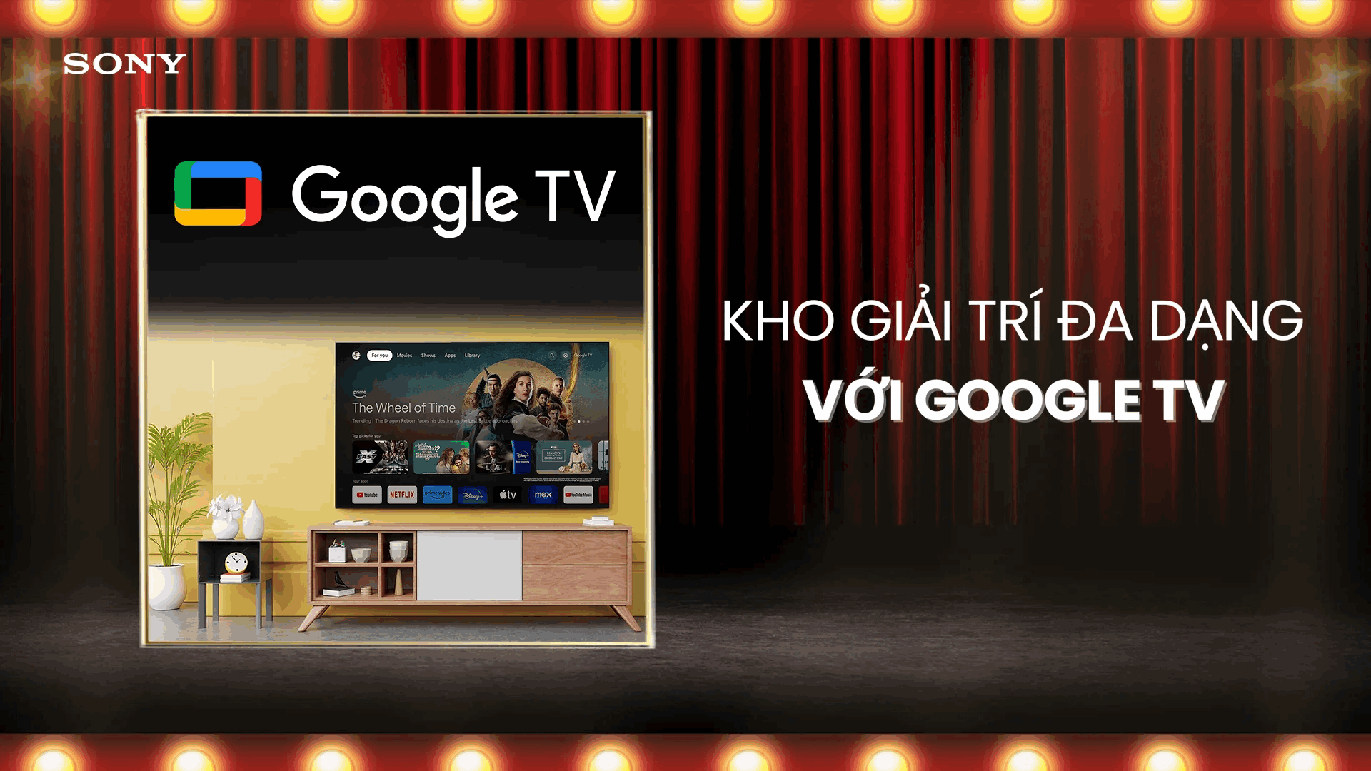 Google TV trên tivi Sony hiển thị kho ứng dụng và nội dung giải trí đa dạng trong phòng khách